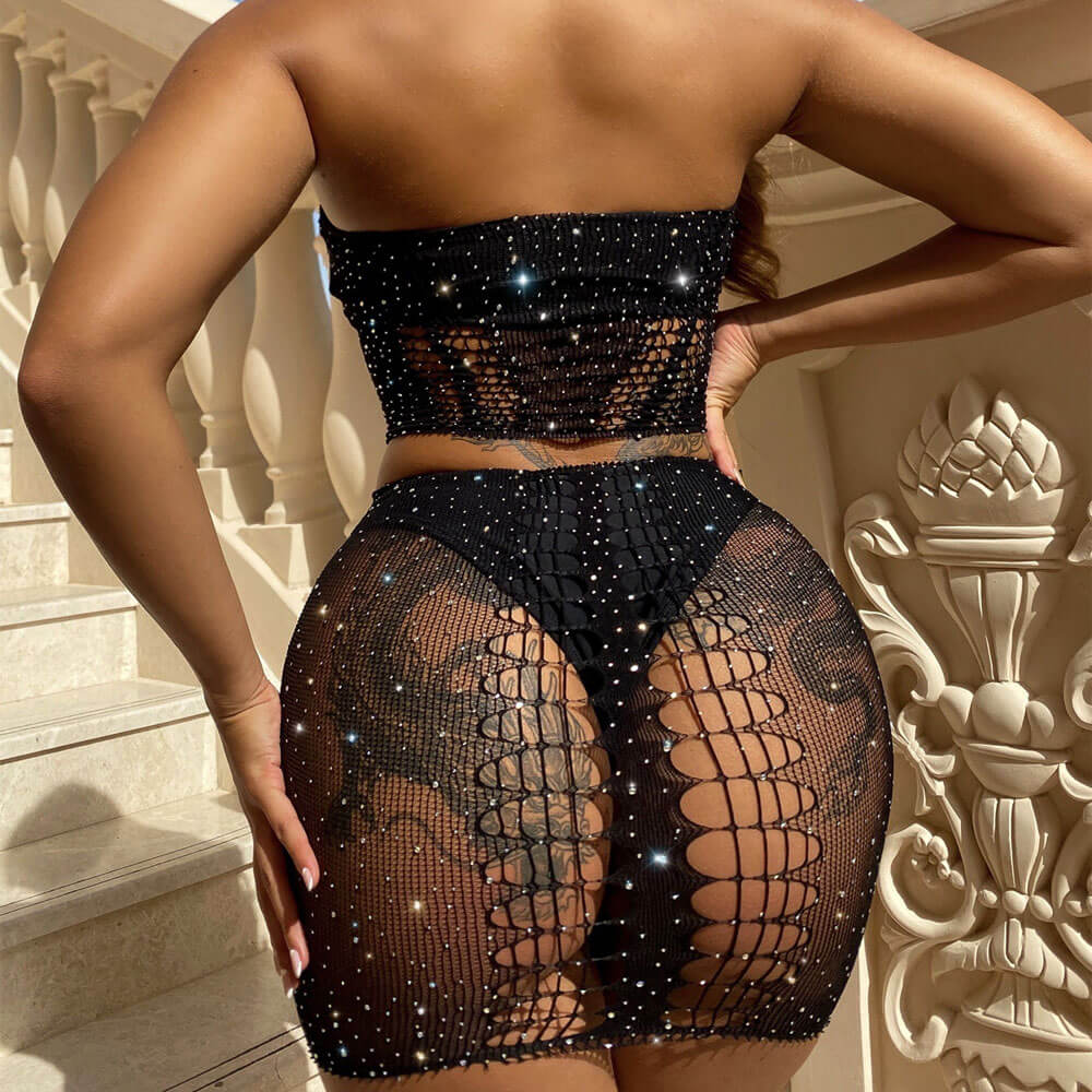 Glitter Crystal Slashed Mesh High Cut Bandeau Brazilian Four Piece Bikini