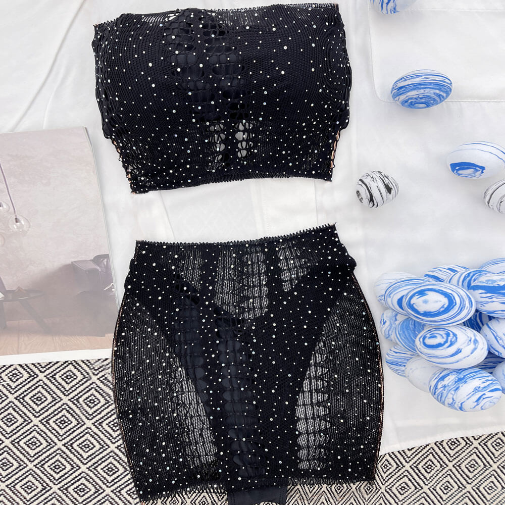 Glitter Crystal Slashed Mesh High Cut Bandeau Brazilian Four Piece Bikini