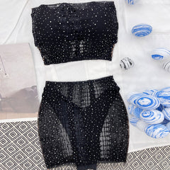 Glitter Crystal Slashed Mesh High Cut Bandeau Brazilian Four Piece Bikini