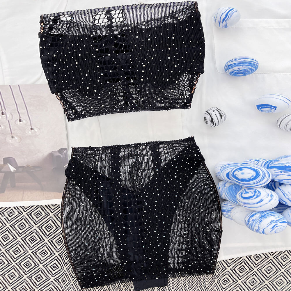 Glitter Crystal Slashed Mesh High Cut Bandeau Brazilian Four Piece Bikini