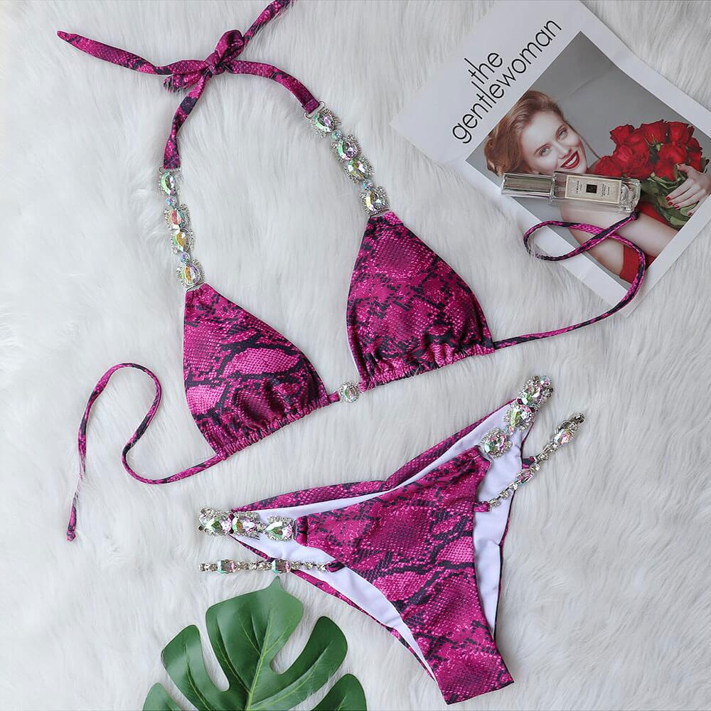 Glitter Crystal Snake Print Slide Triangle Brazilian Two Piece Bikini