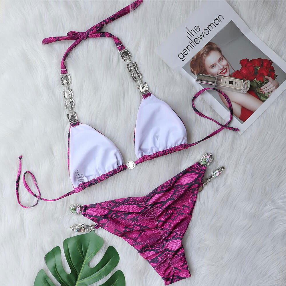 Glitter Crystal Snake Print Slide Triangle Brazilian Two Piece Bikini