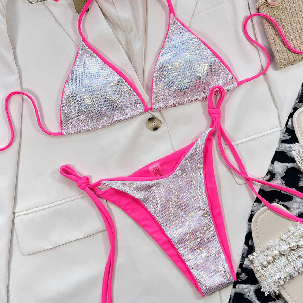 Glitter Grid Halter Tie String Slide Triangle Brazilian Two Piece Bikini