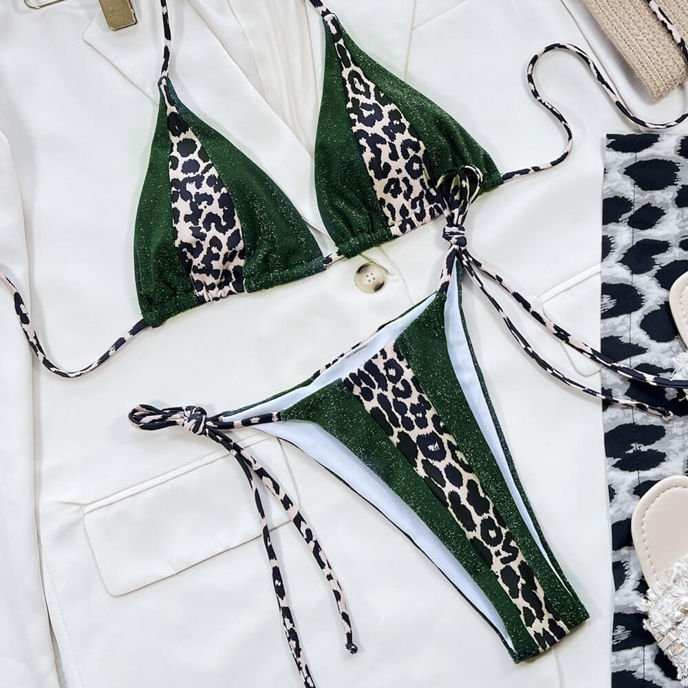 Glitter Leopard Tie String Slide Triangle Brazilian Two Piece Bikini