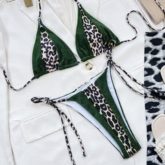 Glitter Leopard Tie String Slide Triangle Brazilian Two Piece Bikini