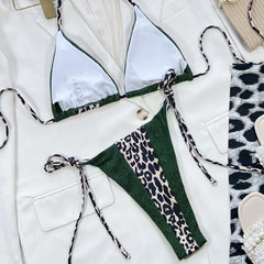 Glitter Leopard Tie String Slide Triangle Brazilian Two Piece Bikini