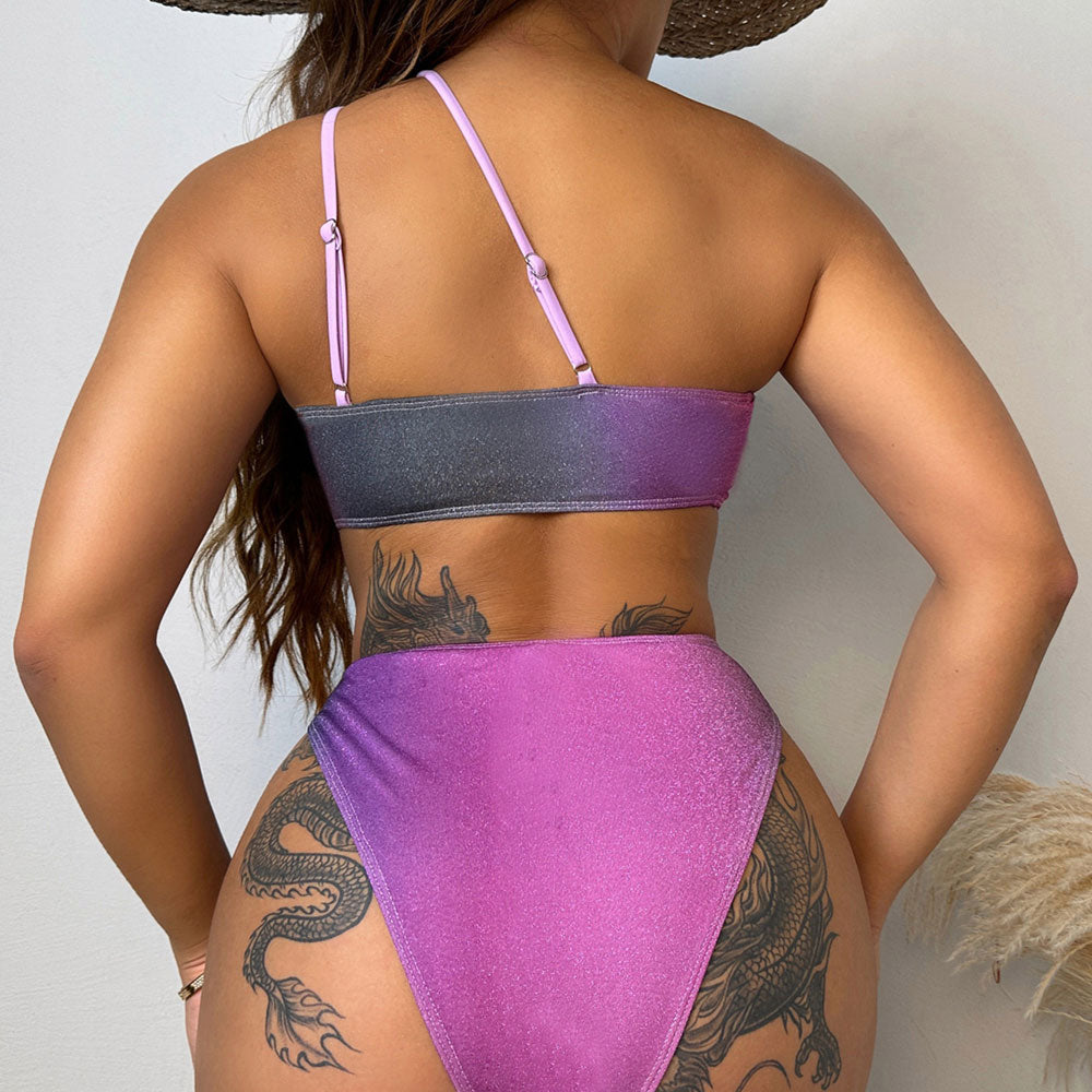 Glitter Lurex Ombre High Leg High Waist One Shoulder Brazilian Two Piece Bikini
