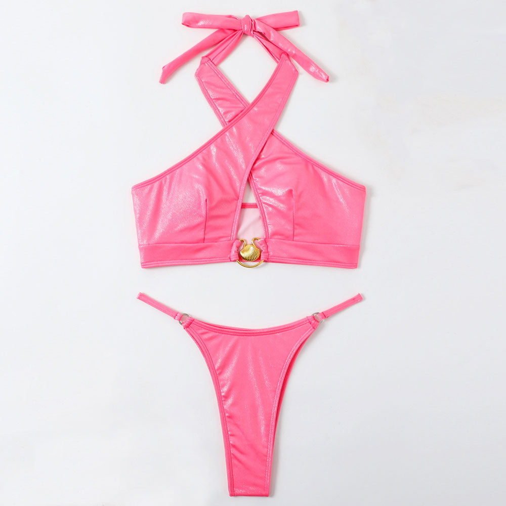 Glitter O Ring String Cheeky Seashell Trim Cross Halter Brazilian Two Piece Bikini