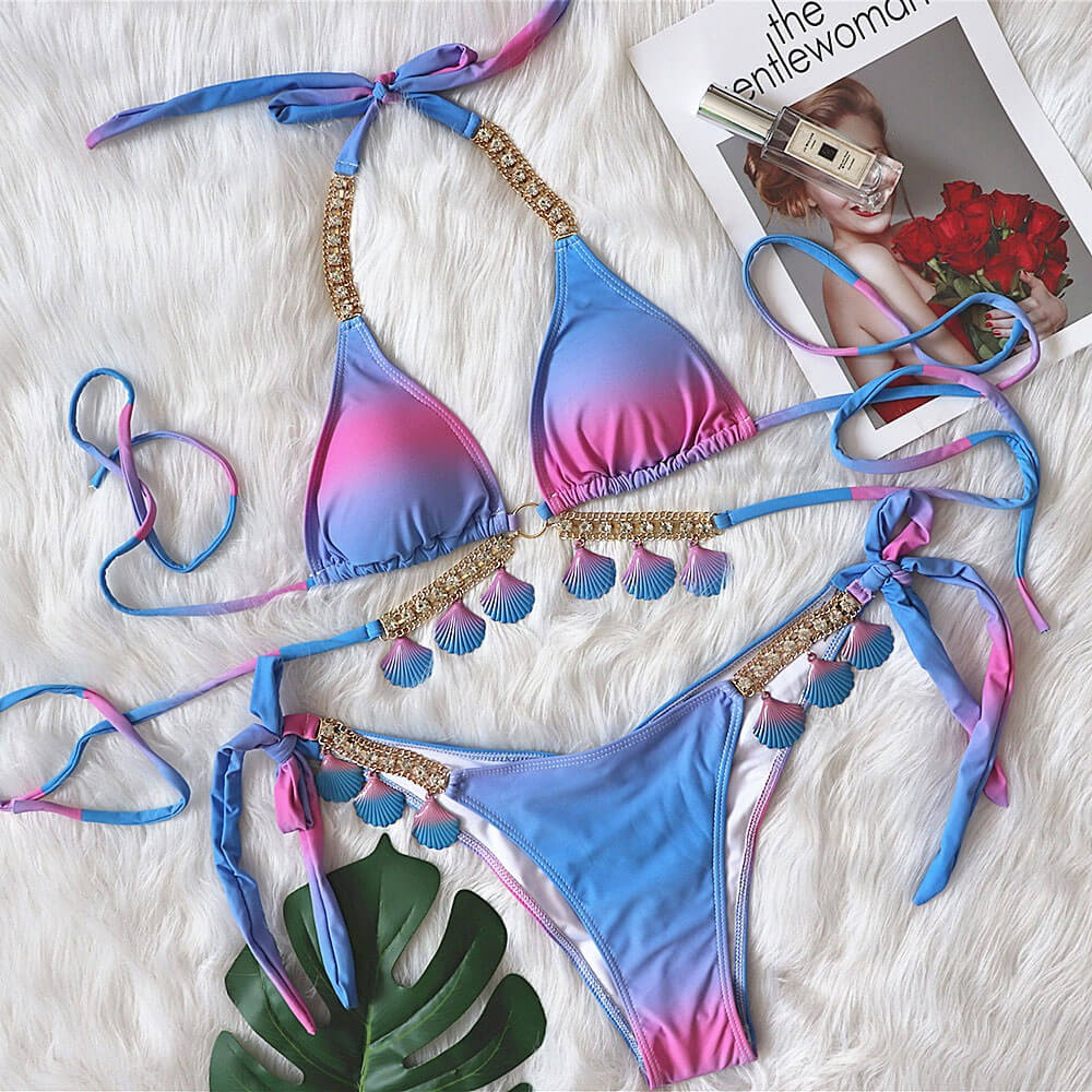 Glitter Ombre Slide Triangle Scrunch Back Brazilian Two Piece Bikini