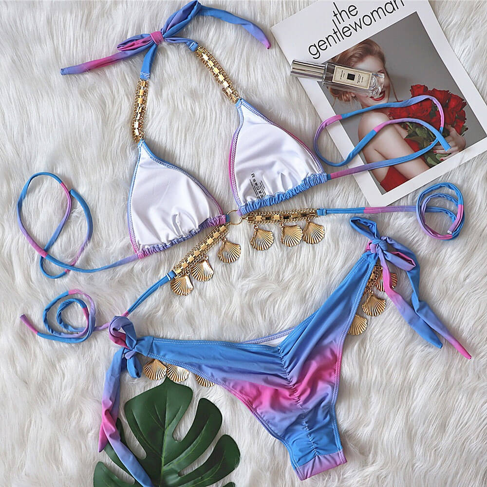 Glitter Ombre Slide Triangle Scrunch Back Brazilian Two Piece Bikini