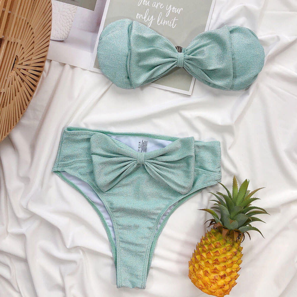 Glitter Oversized Bowknot High Waist Bandeau Brazilian Two Piece Bikini