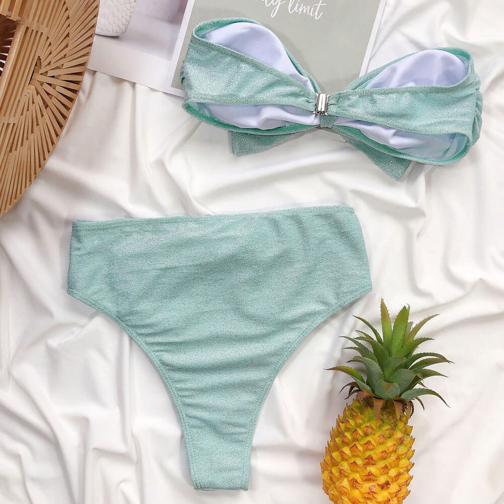 Glitter Oversized Bowknot High Waist Bandeau Brazilian Two Piece Bikini