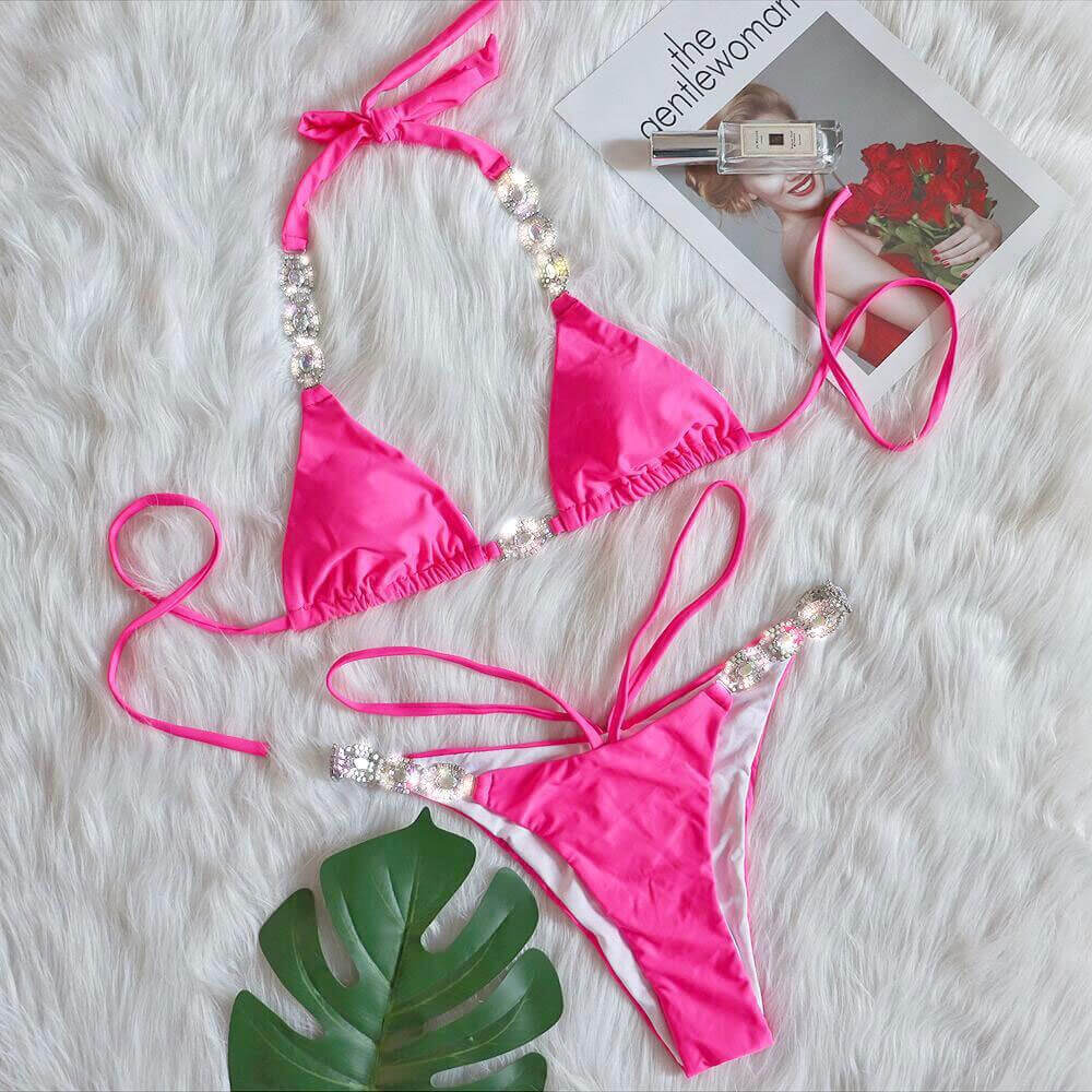 Glitter Rhinestone Scrunch Back Slide Triangle Brazilian Two Piece Bikini