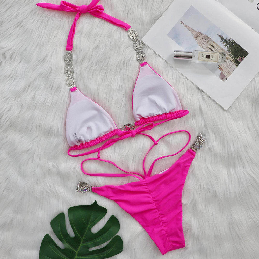 Glitter Rhinestone Scrunch Back Slide Triangle Brazilian Two Piece Bikini