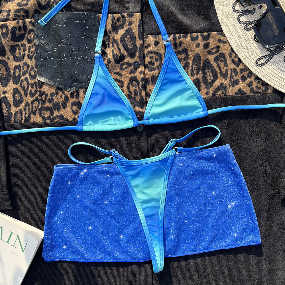 Glitter Skirt Gradient String Thong Micro Triangle Brazilian Three Piece Bikini