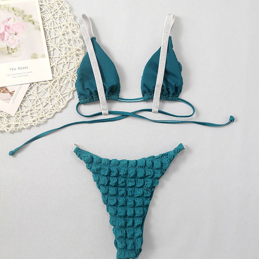 Glitter String Smocked Popcorn Slide Triangle Brazilian Two Piece Bikini