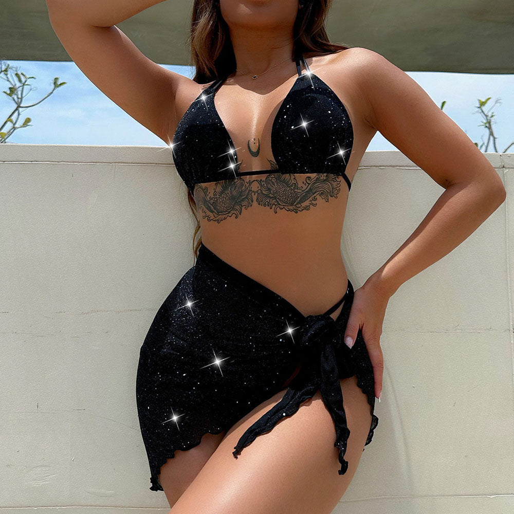 Glitter Tie String Cheeky Halter Slide Triangle Brazilian Three Piece Bikini