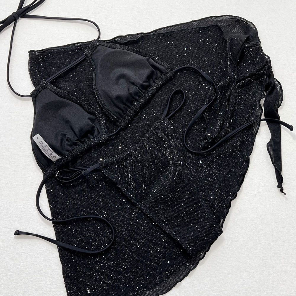 Glitter Tie String Cheeky Halter Slide Triangle Brazilian Three Piece Bikini