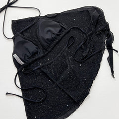 Glitter Tie String Cheeky Halter Slide Triangle Brazilian Three Piece Bikini