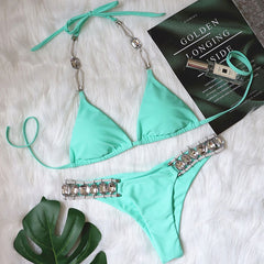 Glittering Crystal Rope Tie Slide Triangle Brazilian Two Piece Bikini