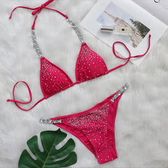 Glittering Rhinestone Slide Triangle Brazilian Two Piece Bikini