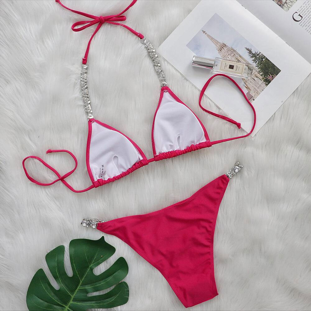 Glittering Rhinestone Slide Triangle Brazilian Two Piece Bikini