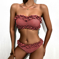 Glittering Ruffle Low Rise Cheeky Bandeau Brazilian Two Piece Bikini