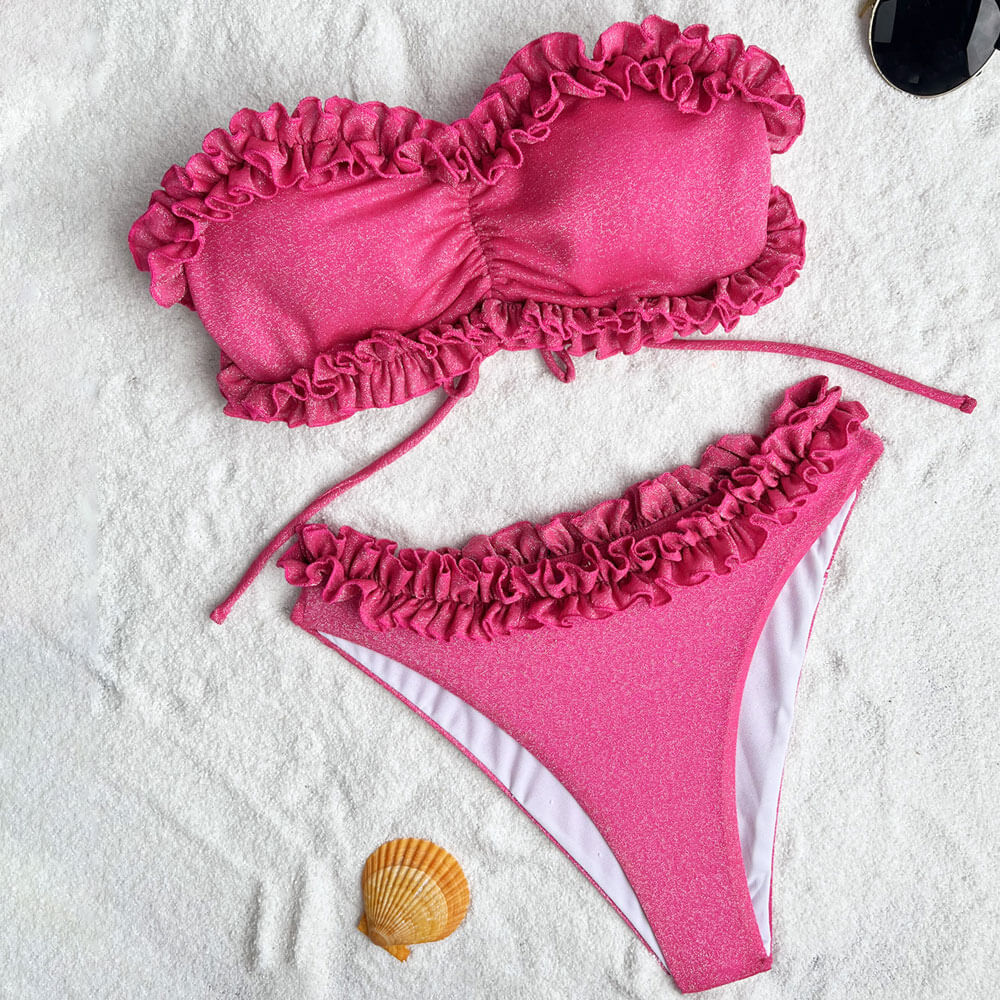 Glittering Ruffle Low Rise Cheeky Bandeau Brazilian Two Piece Bikini