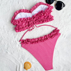 Glittering Ruffle Low Rise Cheeky Bandeau Brazilian Two Piece Bikini