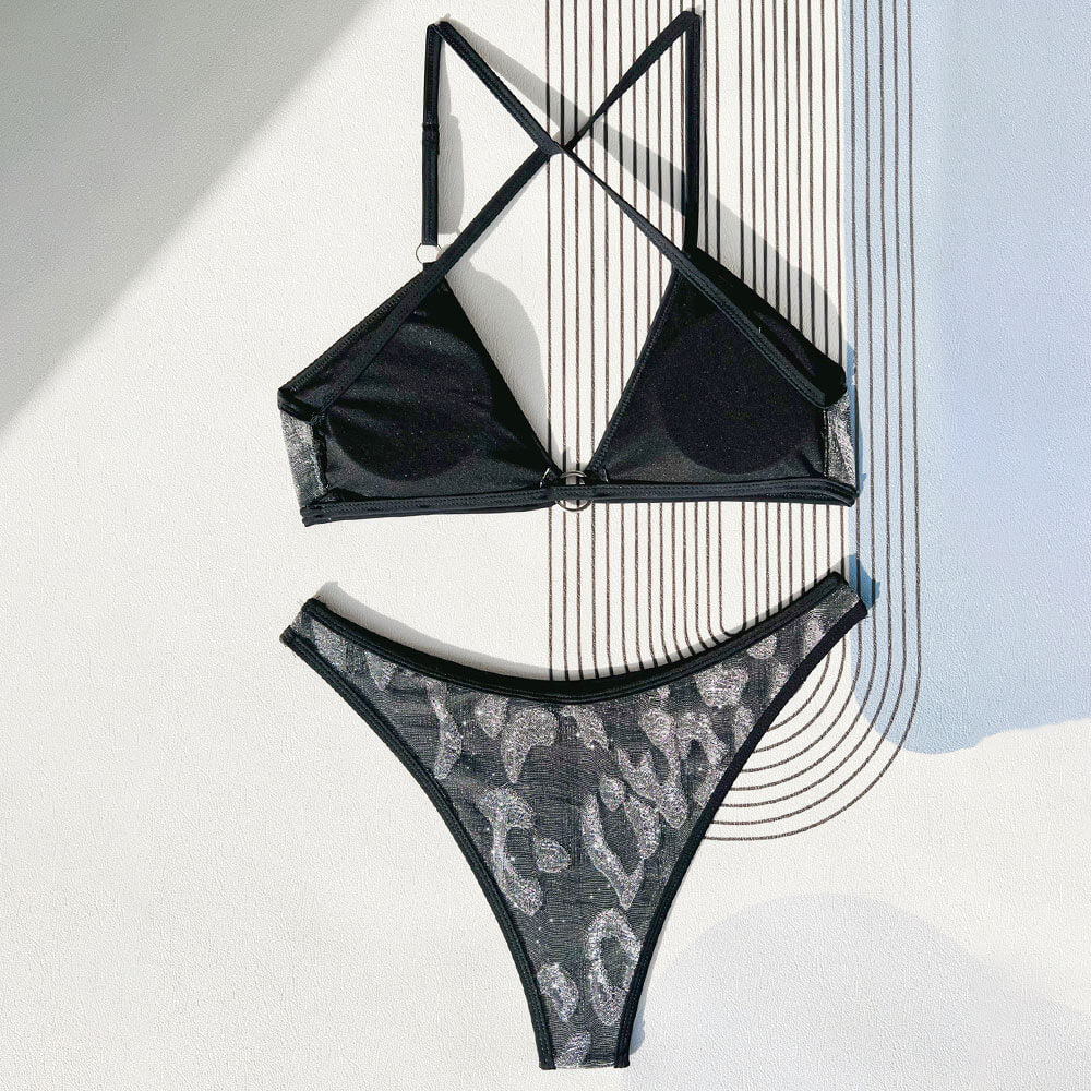 Glittering Textured O Ring High Cut Cheeky Brazilian Two Piece Bikini