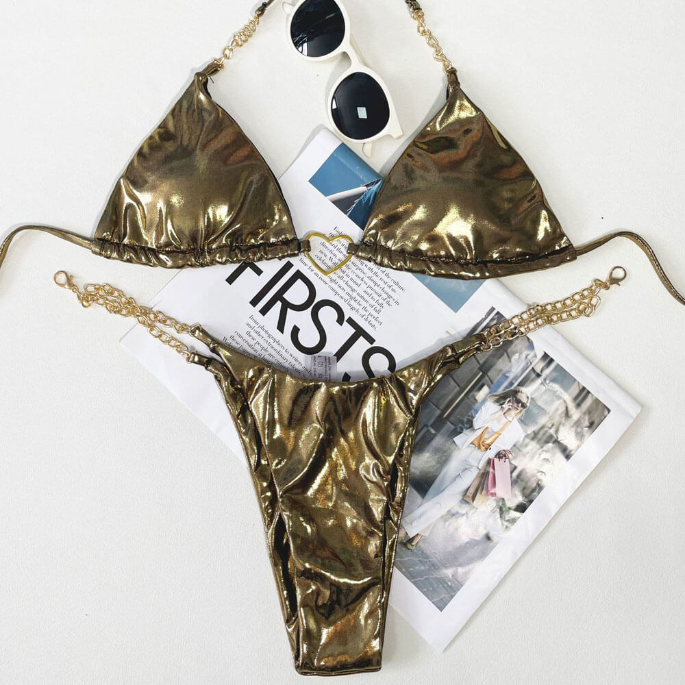 Glossy Metallic Chain Slide Triangle Brazilian Two Piece Bikini