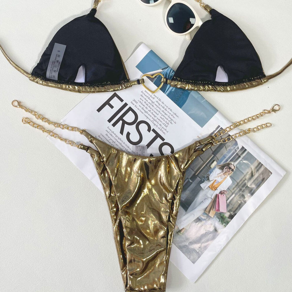 Glossy Metallic Chain Slide Triangle Brazilian Two Piece Bikini