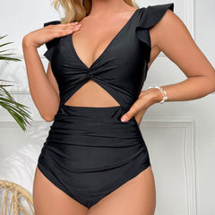 Gorgeous Ruffle Twist Trim V Neck Cut Out Brazilian One Piece Swimsuit