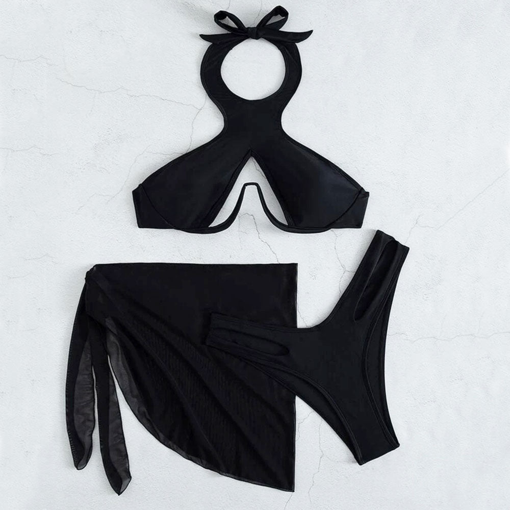 Gorgeous Sarong High Cut Cutout Underwire Brazilian Three Piece Bikini