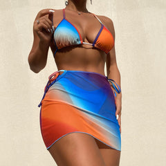 Gradient Color High Cut Slide Triangle Brazilian Three Piece Bikini