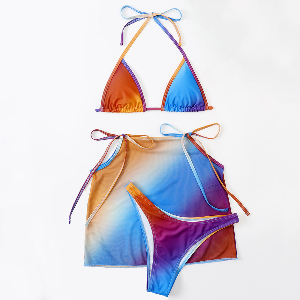 Gradient Color High Cut Slide Triangle Brazilian Three Piece Bikini