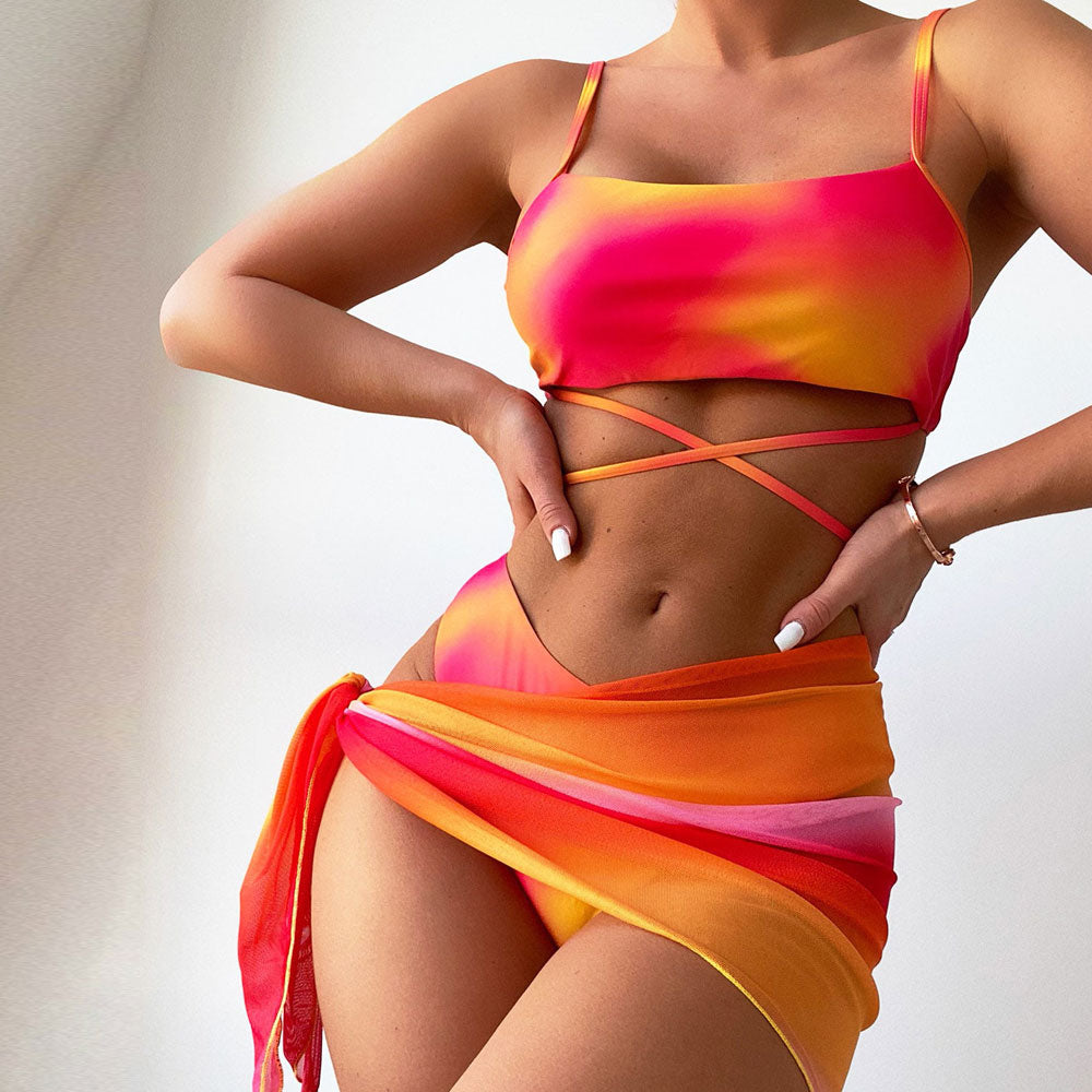 Gradient Sarong Tie Dye Wrap Bralette Brazilian Three Piece Bikini