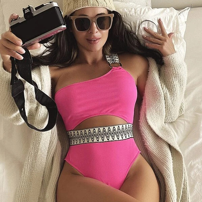 High Cut Cutout O Ring One Shoulder Brazilian One Piece Swimsuit