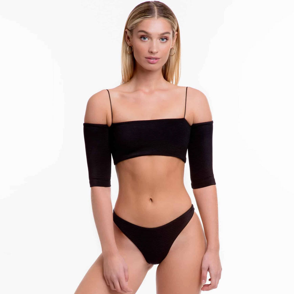 High Cut Sleeved Ribbed Off Shoulder Brazilian Two Piece Bikini