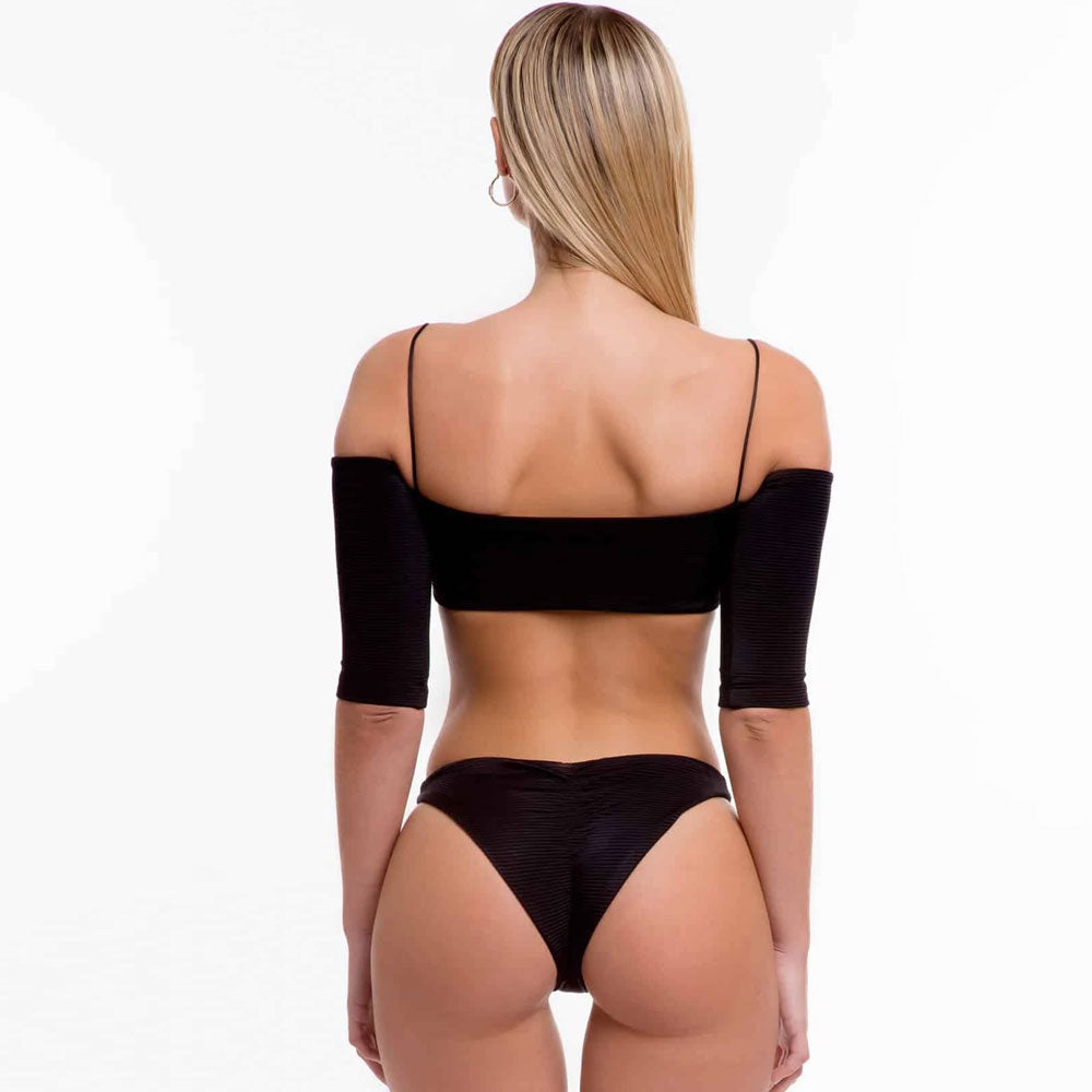 High Cut Sleeved Ribbed Off Shoulder Brazilian Two Piece Bikini