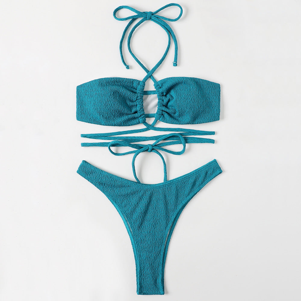 High Cut Wrap Around Cross Halter Shirred Brazilian Two Piece Bikini