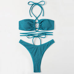 High Cut Wrap Around Cross Halter Shirred Brazilian Two Piece Bikini