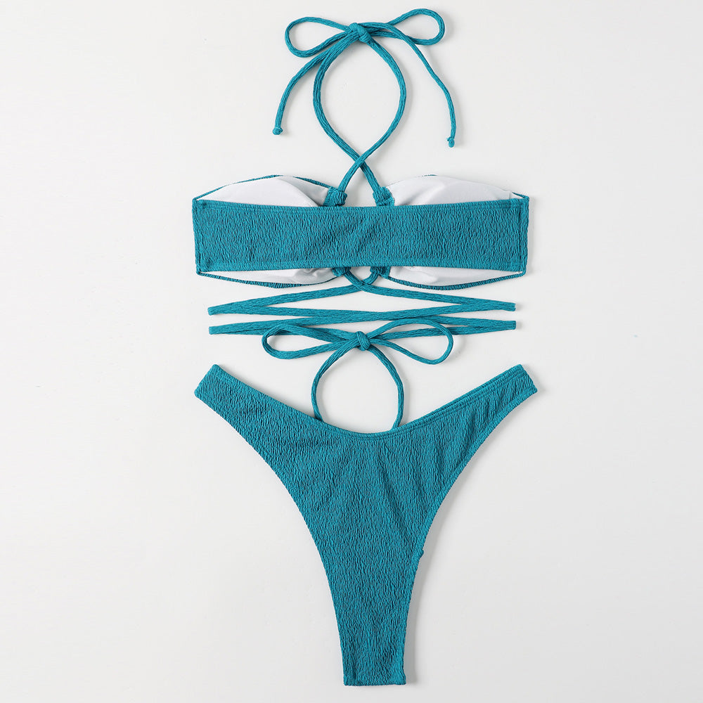High Cut Wrap Around Cross Halter Shirred Brazilian Two Piece Bikini