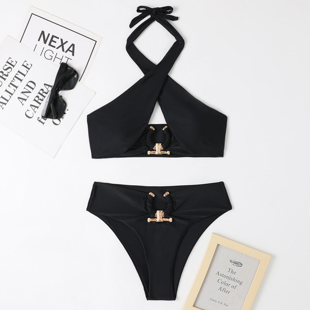 High Waist Cutout Notch Ring Wrap Layer Brazilian Two Piece Bikini