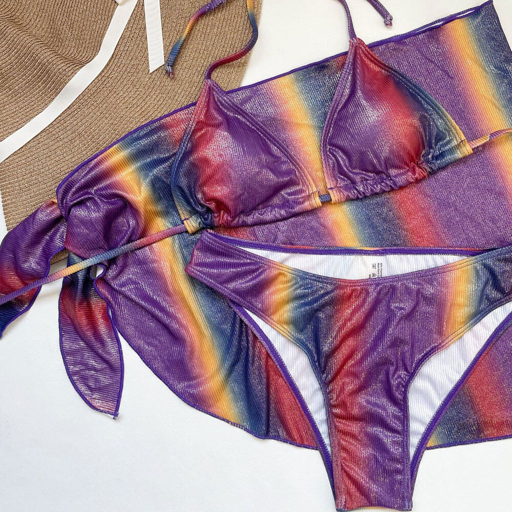 Iridescent Ribbed High Cut Wrap Triangle Brazilian Three Piece Bikini