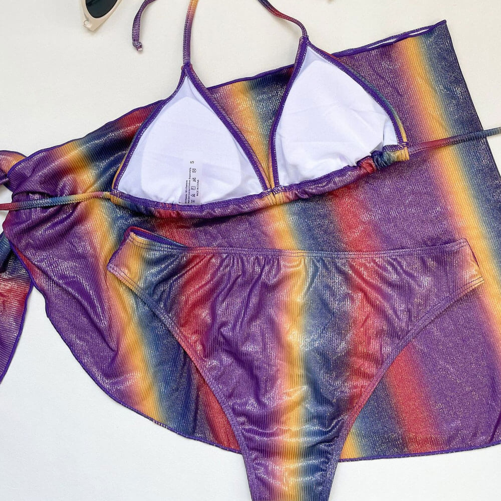 Iridescent Ribbed High Cut Wrap Triangle Brazilian Three Piece Bikini