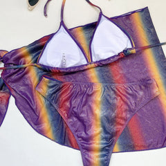 Iridescent Ribbed High Cut Wrap Triangle Brazilian Three Piece Bikini