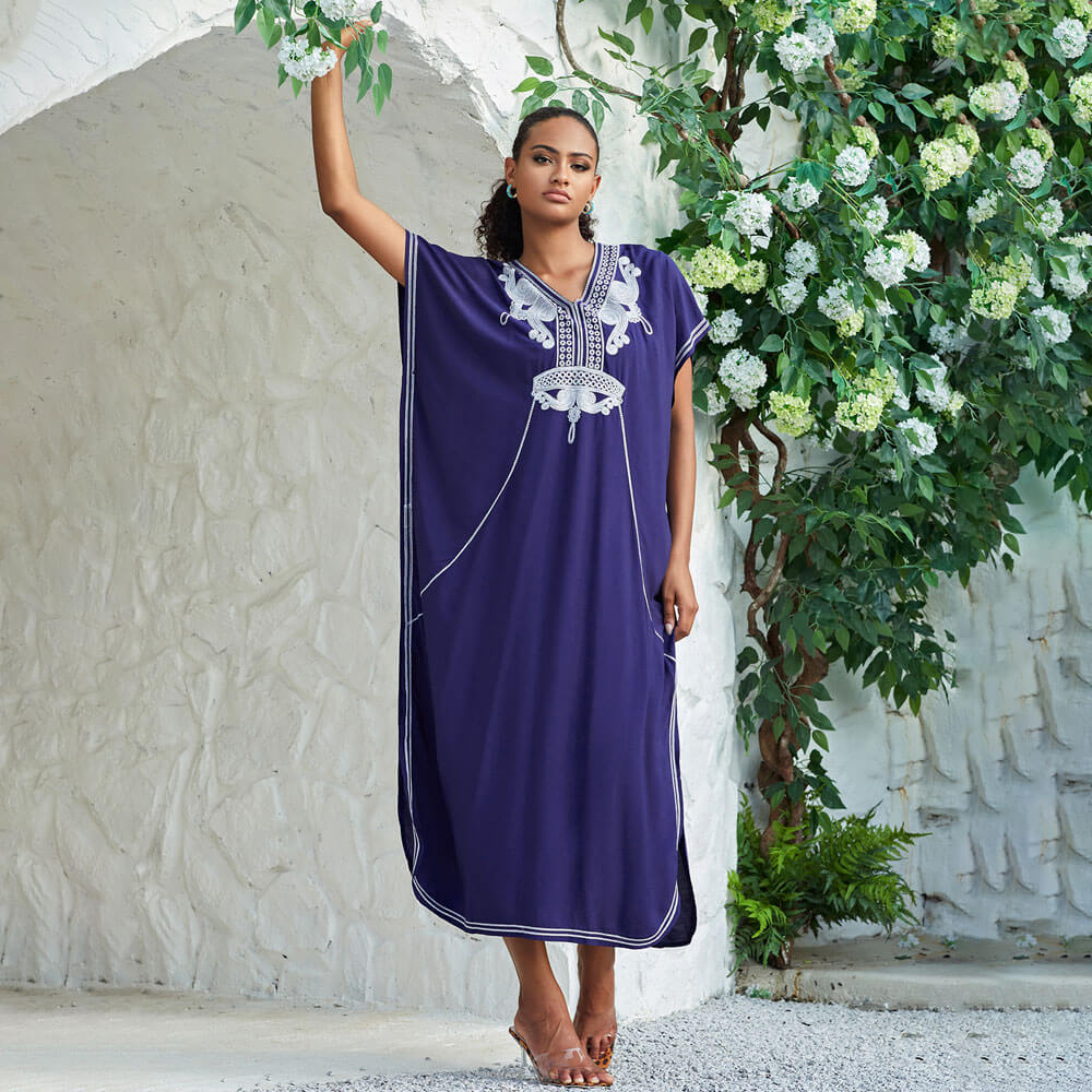 Leisure Contrast Floral Embroidered Short Sleeve Brazilian Caftan Cover UP Maxi Dress