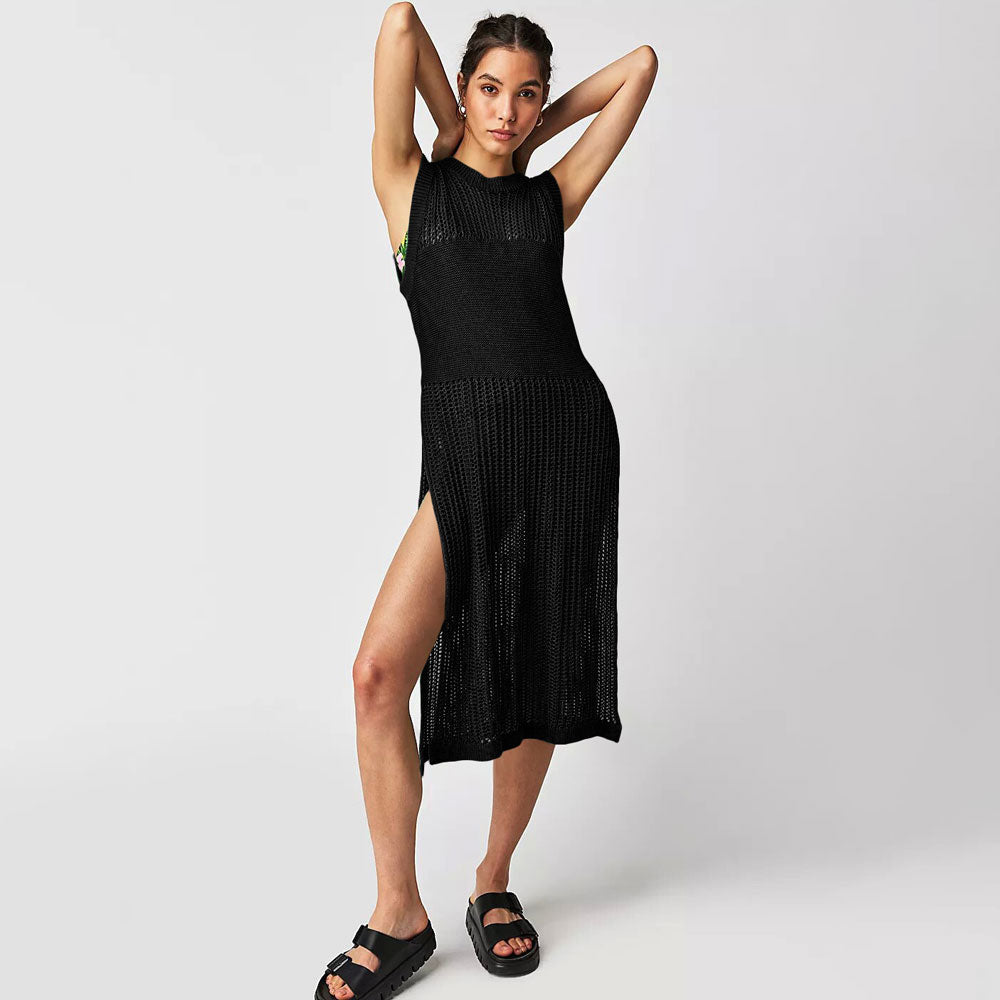 Leisure Crew Neck Crochet Open Knit High Split Sleeveless Brazilian Cover Up