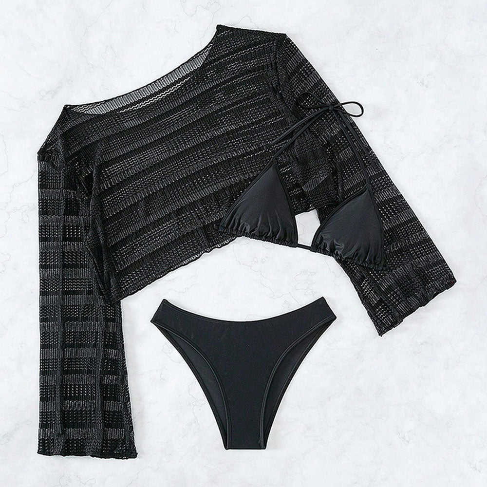 Leisure Long Sleeve Cover Up Cheeky Slide Triangle Brazilian Three Piece Bikini